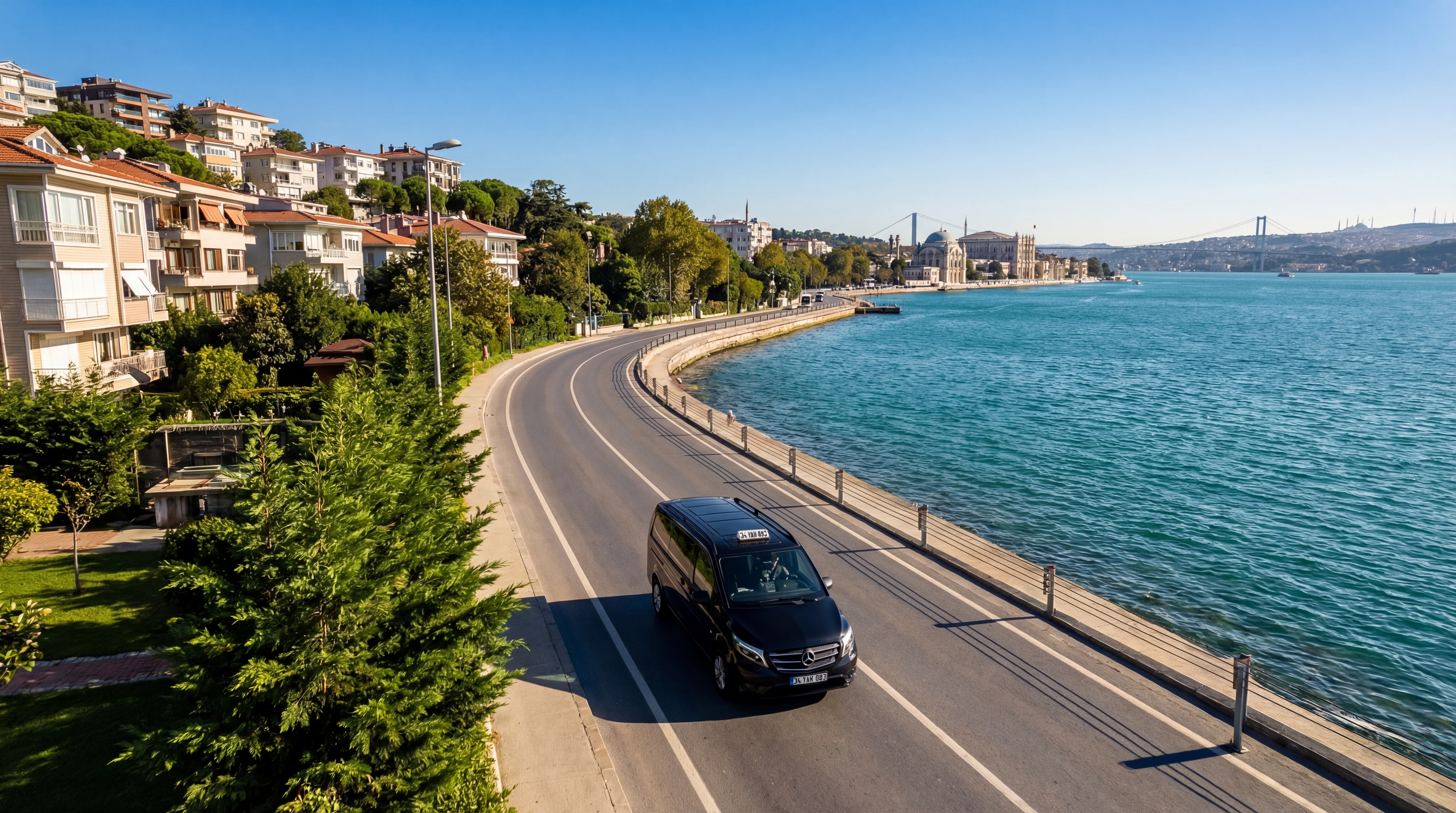 Aerial view of luxury clinic transfer along Istanbul coast for Rhinoplasty