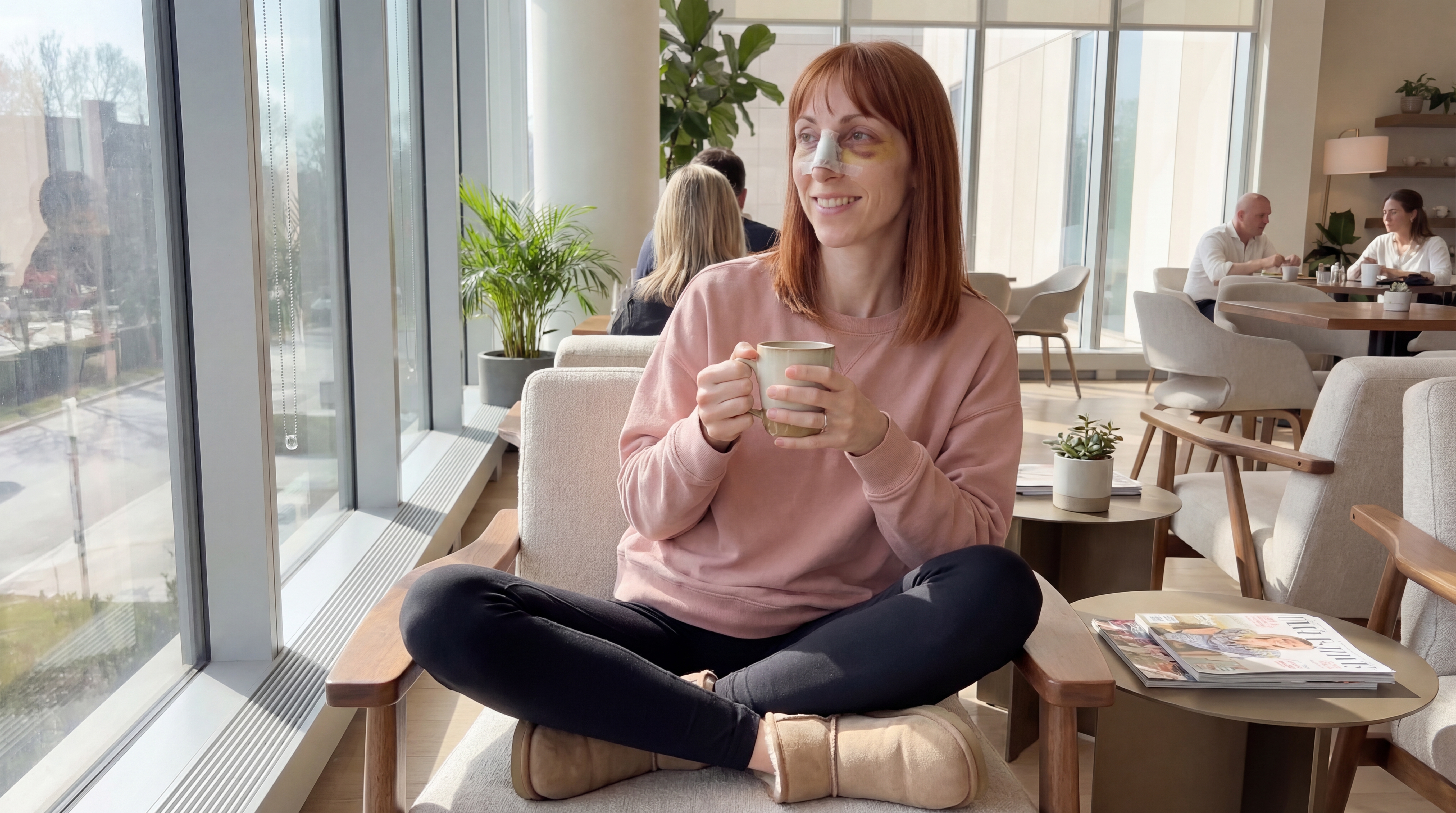 Relaxing with coffee after Rhinoplasty at Istanbul clinic lounge