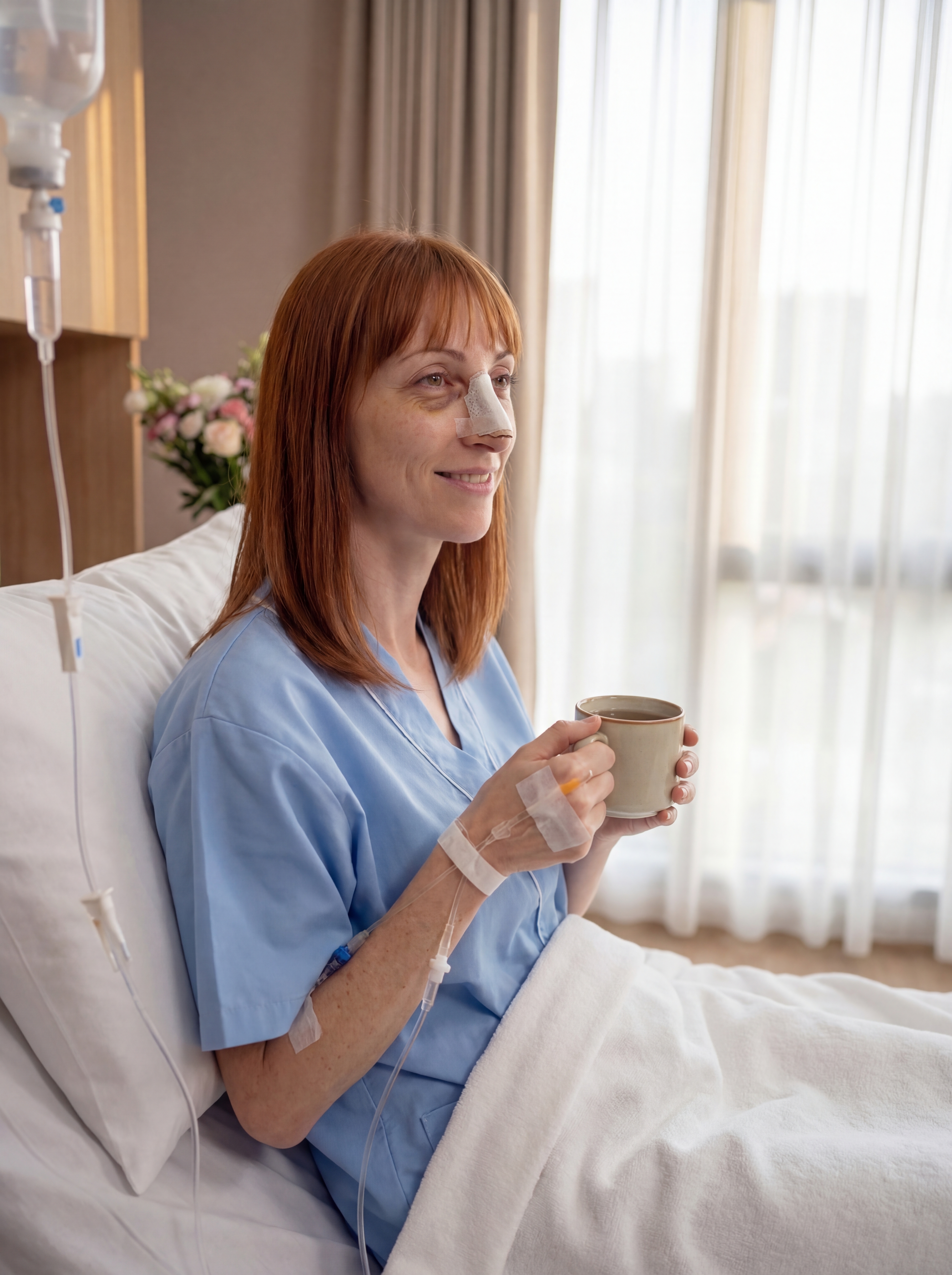 Patient sitting up after Rhinoplasty recovery in Istanbul clinic