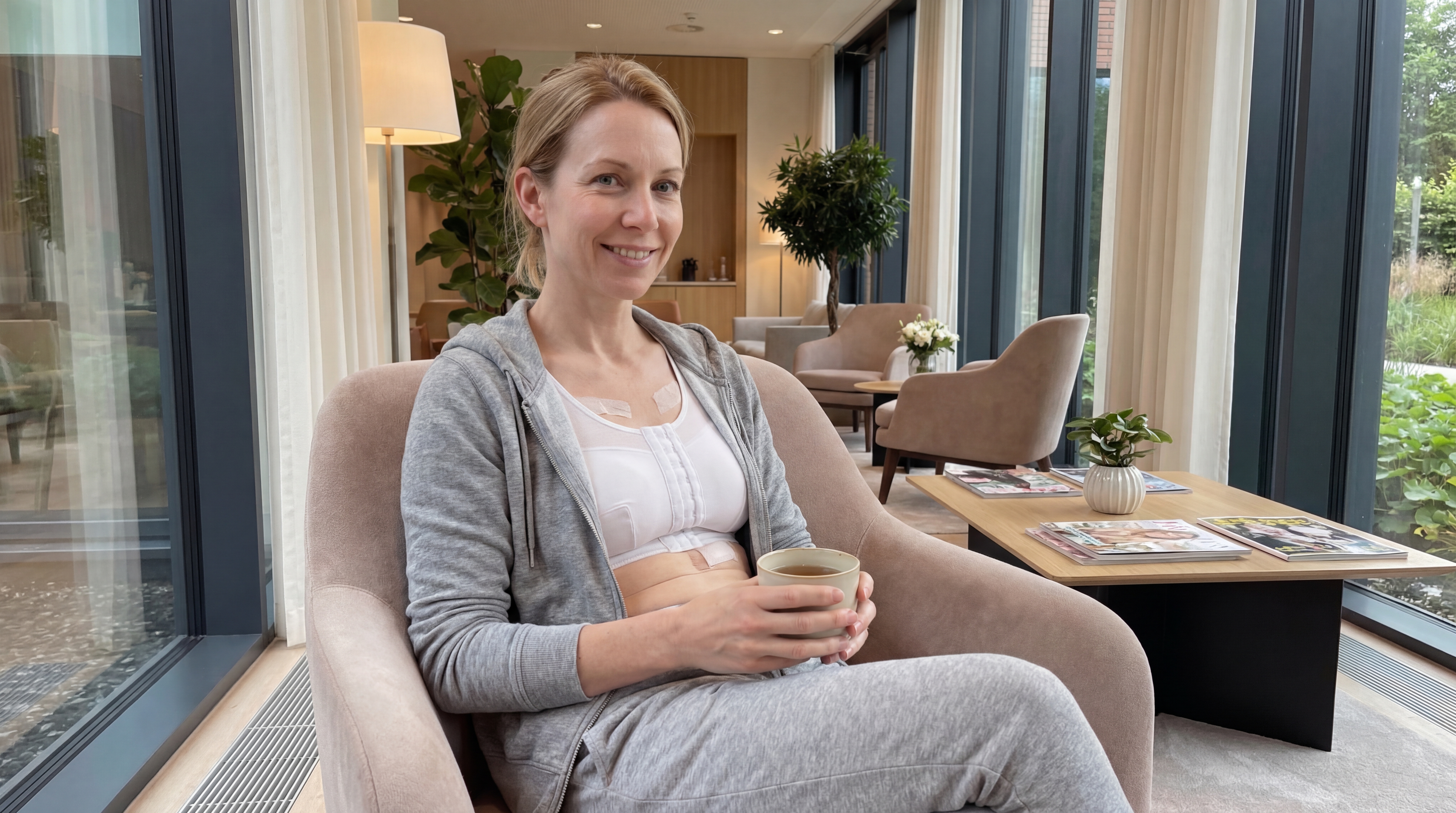 Relaxing with coffee after Breast Augmentation at Istanbul clinic lounge