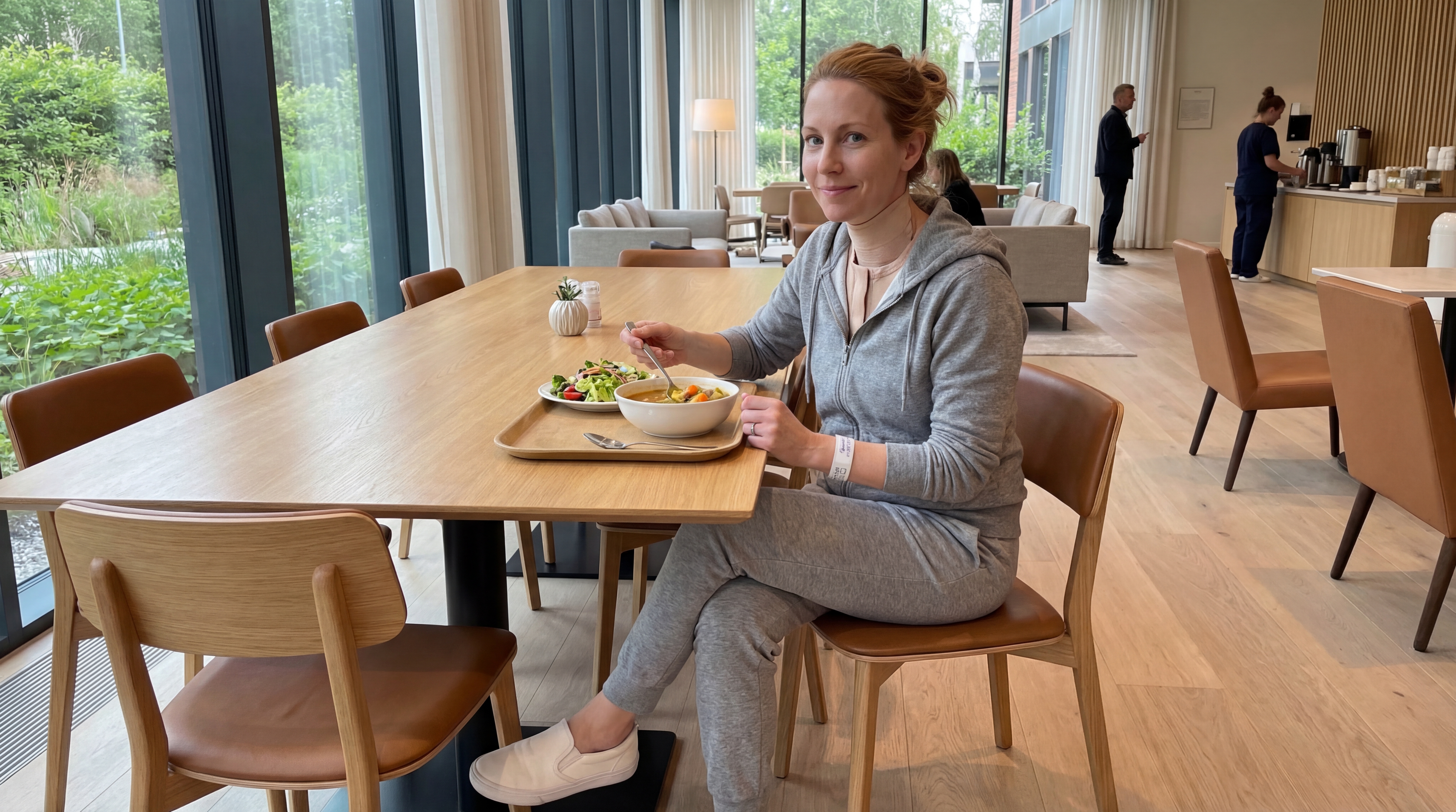 Patient enjoying meal during Breast Augmentation recovery in Istanbul