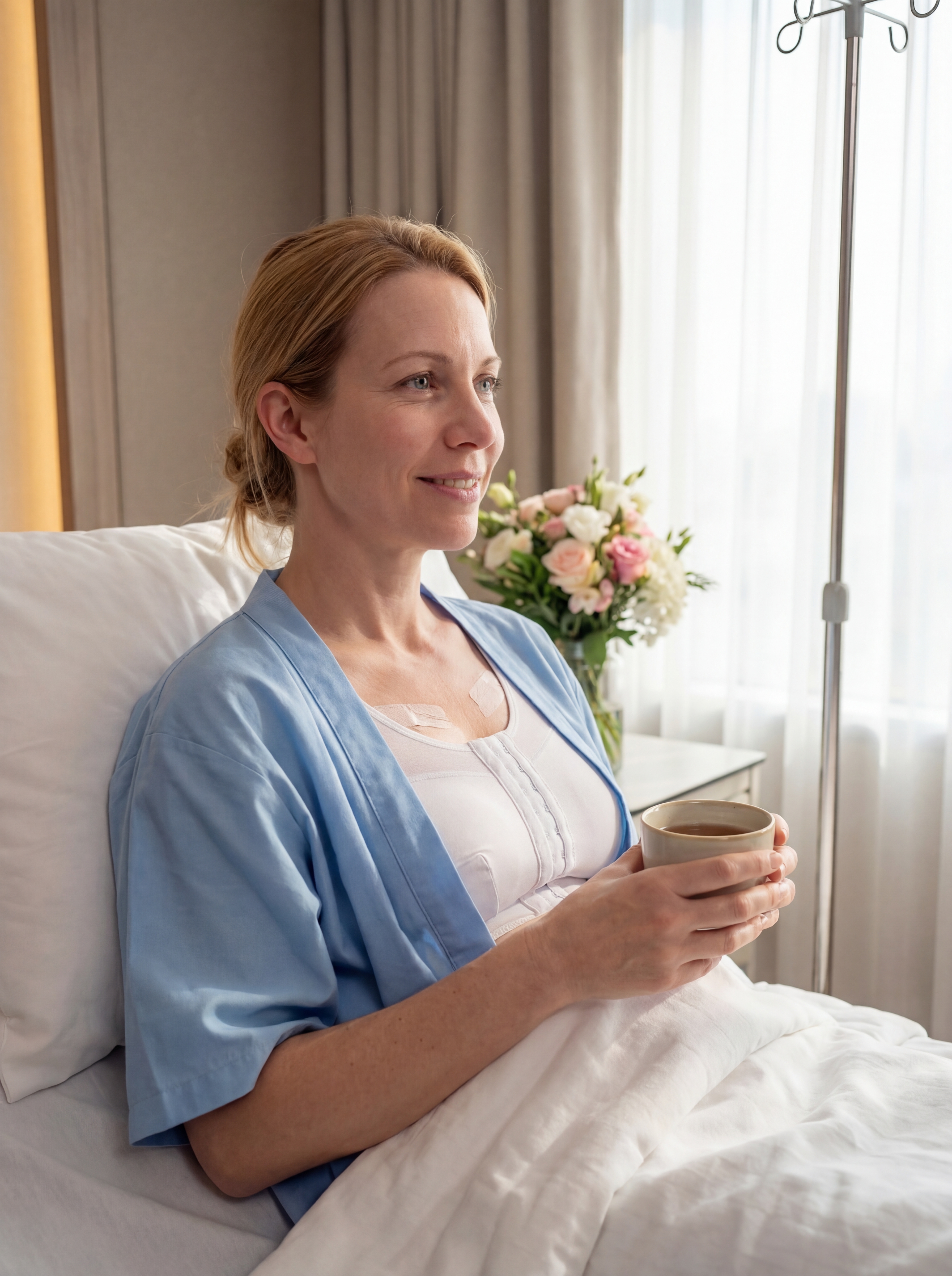 Patient sitting up after Breast Augmentation recovery in Istanbul clinic